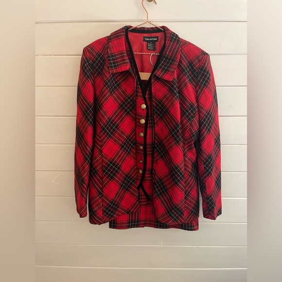 VINTAGE HALSTON 3 Pc Red Black Plaid Skirt Suit Wool Sz 12/14 BLAZER SKIRT VEST - Picture 1 of 12